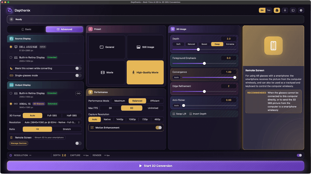 Depthonix control panel converting a screen to 3D SBS for AR/XR glasses