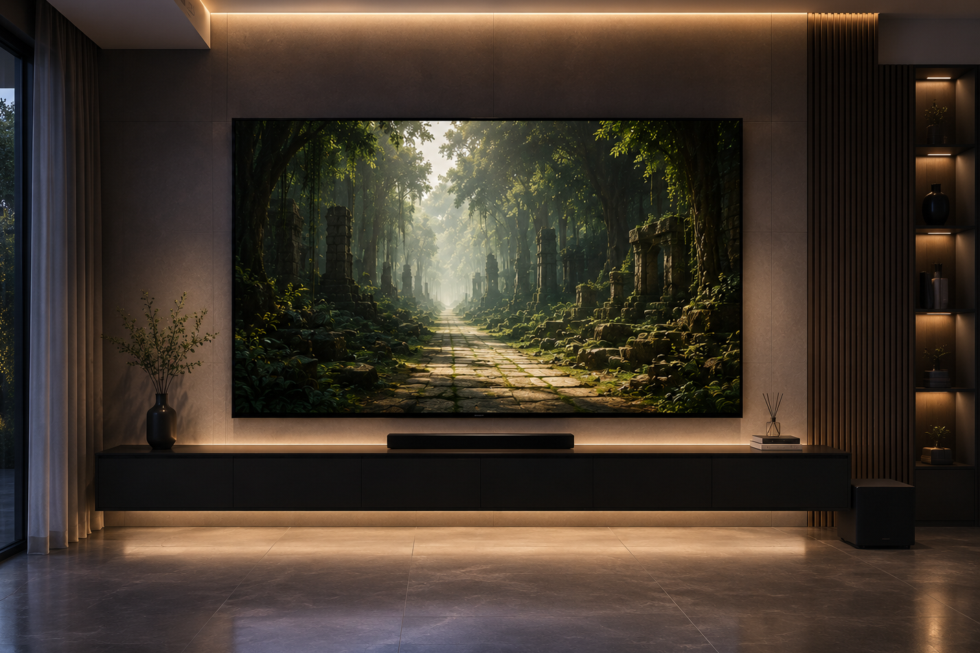 Living room with a 3D scene on the TV